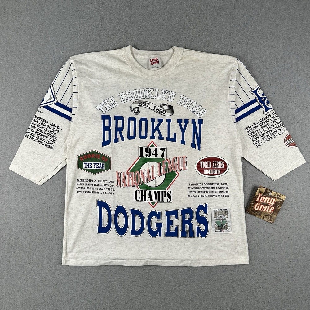 Vintage 90s Long Gone‎ Brooklyn Dodgers Shirt Men's XL Gray AOP 3/4 Sleeve